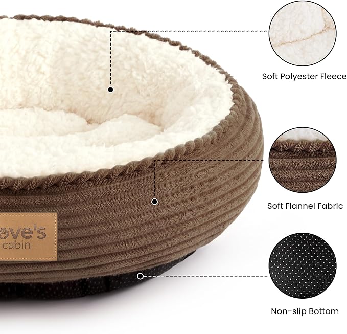 Love's cabin Round Donut Cat and Dog Cushion Bed, 20in Pet Bed for Cats or Small Dogs, Anti-Slip & Water-Resistant Bottom, Super Soft Durable Fabric Pet beds, Washable Luxury Cat Dog Bed Brown Stripe