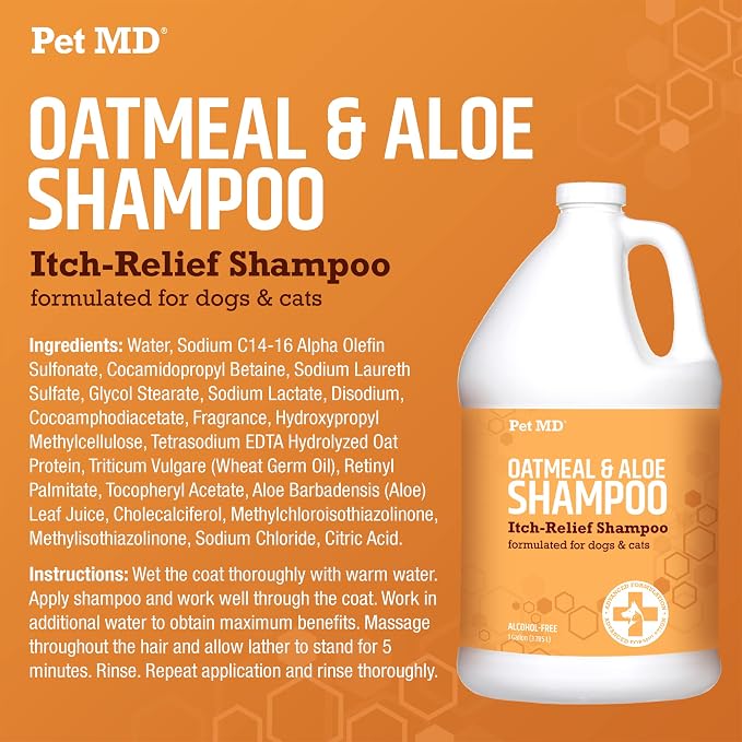 Pet MD Oatmeal & Aloe Shampoo for Dogs & Cats - Itchy Skin Support - 1gal | Soap-Free & Alcohol-Free Formula – Cleans Skin & Coat While Helping Maintain Natural Moisture