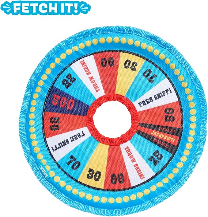Barkbox Fetch N' Win Wheel Dog Toy | Fluff-Free Crinkle Disc with T-Shirt Rope & Reinforced Woven Binding | Fetch & Tug Toy for Dogs