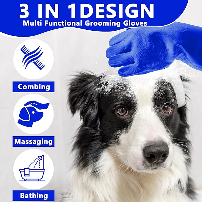 Pet Grooming Gloves—Dog Washing Gloves with High-Density Teeth | Dog Bath Scrubber with Enhanced Five Finger Design, Silicone Gloves for Dogs and Cats Bathing, Massage (Dark Blue)