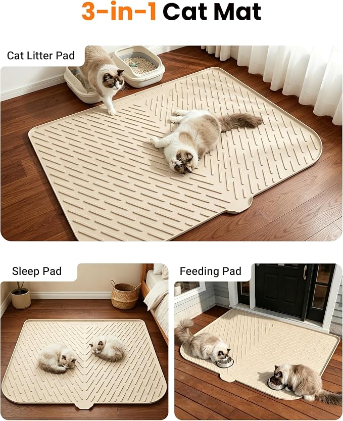 Cat Litter Mat, 47"x37" Extra Large Litter Box Mat, Silicone Mat, Beige | Waterproof Litter Trapping Mat for Scatter Control, Soft on Cat Paws Non-Slip Easy to Clean
