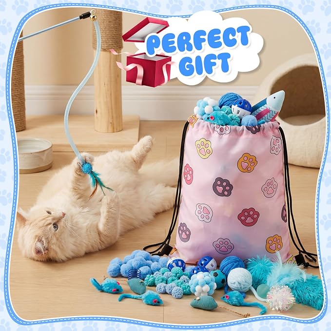 Leitee 101 Pcs Cat Interactive Toys Set with 1 Cat Paw Gift Storage Bags Feather Teaser Wand Springs Mice Fish Crinkle Balls Bell Balls Pillow, Puzzle Toys for Cats Gift Indoor(Blue)