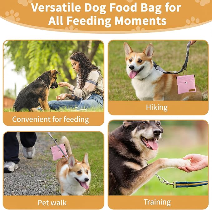 Dog Treat Pouch for Pet Training, Carabiner & Magnetic Buckle, Pink | Hand Free Dog Training Treat Bag, Auto Closing Dog Walking Bag for Puppy Travel or Outdoor Use, Pet Feed Snack Reward Pocket