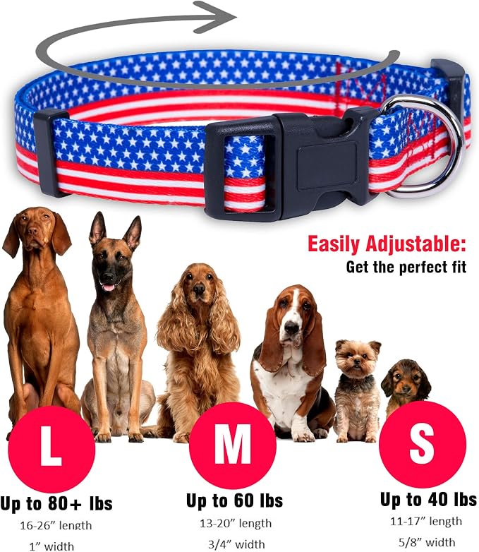 Native Pup American Flag Dog Collar- Red White and Blue- Patriotic Collars for 4th of July, USA- Adjustable Small, Medium, Large Breed Dogs (Medium, Flag II)