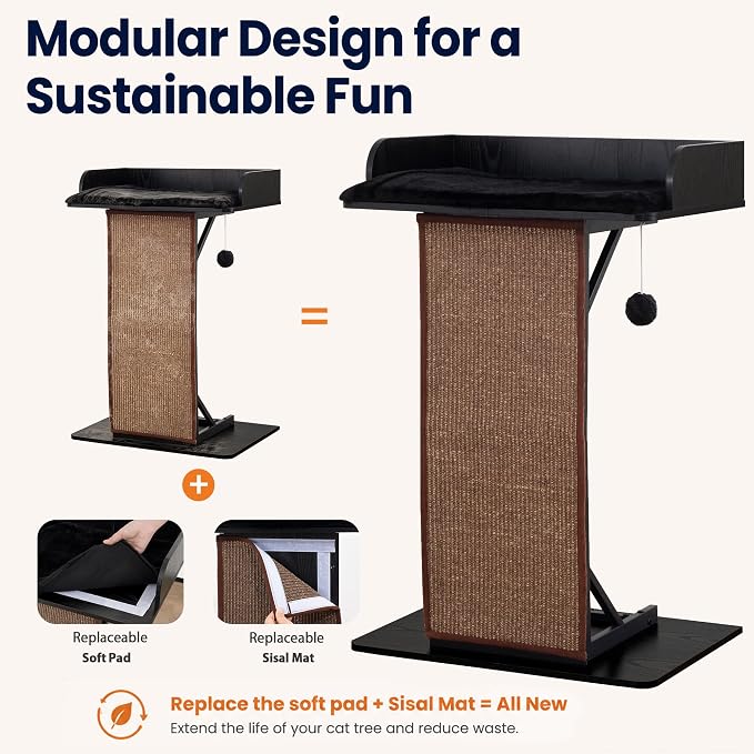 Modern Wood Cat Tree Tower for Indoor Large Adult Cats with Big Perch Bed | 33.8in Tall Wooden Cat Trees with Platform, Cat Scratching Pads, Washable Cushions, Cat Furniture for Window, Rustic Black