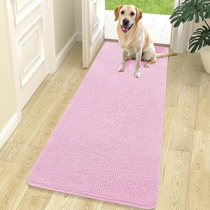 OLANLY Dog Door Mat for Muddy Paws 70x24, Super Absorbent Chenille Mud Mat | Pink, Absorbs Moisture and Dirt, Non-Slip Machine Washable Doormat, Quick-Drying Indoor Entryway Floor Carpet for Dogs