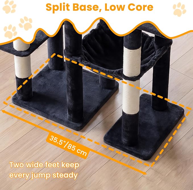 65" Cat Tree Tower, Anti-Tip Cat Condo for Indoor Cats VCT012G | Cat Furniture with Extra Wide Baseboard & Large Perch, 2 Hammocks, Cozy Condo, 7 Sisal Scratching Posts, Smoky Gray