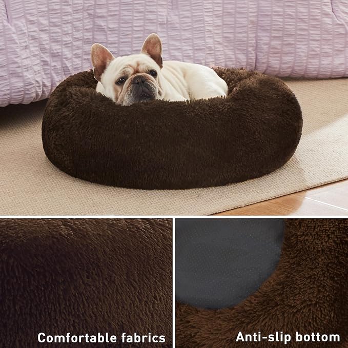 Love's cabin 24in Cat Beds for Indoor Cats - Cat Bed with Machine Washable, Waterproof Bottom - Dark Brown Fluffy Dog and Pet Calming Cushion Bed for Joint-Relief and Sleep Improvement