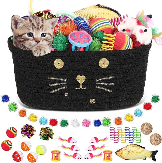 Zopeal 58 Pcs Summer Cat Storage Basket Gift Toys Set, Colorful Flashing Balls Pet Bell Crinkle Balls Spring Toys Attract Cat to Swat, Hunt, Interactive for Pet(Black,9.8 Inch)