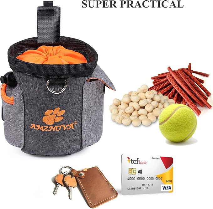 AMZNOVA Dog Treat Pouch Treatnow Dog Treat Bag, 3 Cups, Heather Black | Training Pouch with Waist Belt & Clicker for Training & Walking, Waist Clip On Snack Fanny Pack for Pet
