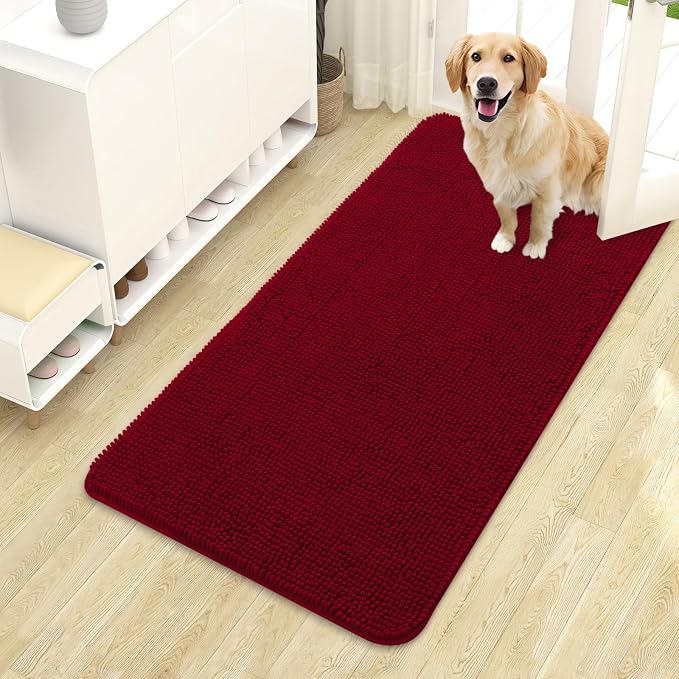 OLANLY Dog Door Mat for Muddy Paws 44x24, Super Absorbent Chenille Mud Mat | Red, Absorbs Moisture and Dirt, Non-Slip Machine Washable Doormat, Quick-Drying Indoor Entryway Floor Carpet for Dogs