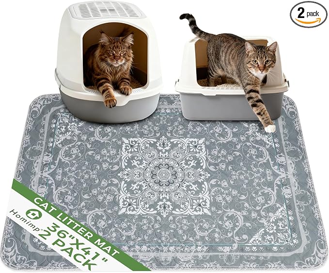 Homimp Cat Litter Mat, Litter Trapping Mat 2 Pack, Contains Mess from Box, Protects Floors,Urine Waterproof,Non-slip,Less Waste Cat Litter Box Mat,Soft on Kitty’s Paws,Washable,Absorbent,Grey 36"X41"