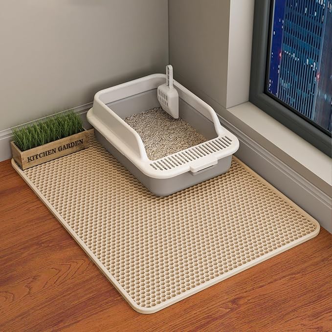 HCY&WLD Cat Litter Mat, Double Layer Cat Litter Box Mat (30x22 Inch, Khaki) | Waterproof Urine-Proof Non-Slip Litter Trapping Mat, Soft on Kitty Paws, Scratch-Resistant, Scatter Control, Easy to Clean