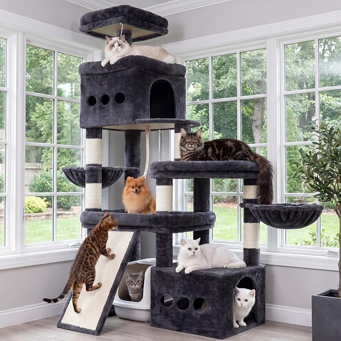 Heybly Cat Tree 72.4-Inch Anti-Tip Cat Tower with Spacious Perches HCT060G | All-in-One Cat Furniture for Large Cats, Multiple Interactive Areas, Extra-Large Sisal Scratching Board, Smoky Gray