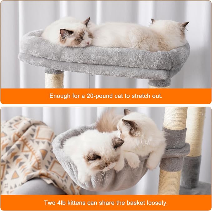 Heybly Cat Tree, 68 inch Multi-Level Cat Tower for Indoor Cats HCT025W | Cat Condo with 2 Widened Plush Perches, 2 Cozy Baskets, Scratching Board and Big Caves, Light Gray