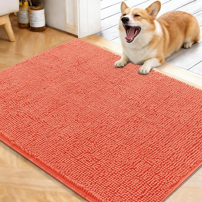 OLANLY Dog Door Mat for Muddy Paws 40x32, Super Absorbent Chenille Mud Mat | Coral, Absorbs Moisture and Dirt, Non-Slip Machine Washable Doormat, Quick-Drying Indoor Entryway Floor Carpet for Dogs