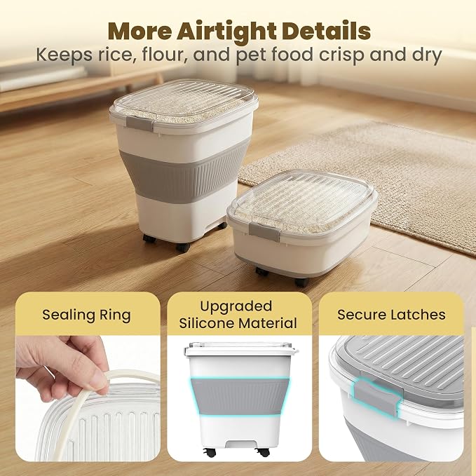 HOYTAMDAR 50Lbs Collapsible Rice Container,Airtight Food Storage container | Rice Storage Container with Clear Lid,Rolling Wheels,Small Bin & Measuring Scoop,Rice Dispenser for Pet Food Rice Flour