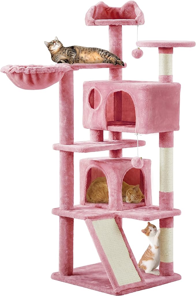 Topeakmart 57 inches Multi-Level Cat Tree Cat Condo with Scratching Posts Kittens Activity Tower Pet Play House Furniture, Pink | Easy to assemble, a great first cat tree with perches, hammock and anti-tip strap, ideal for small to medium cats, pink
