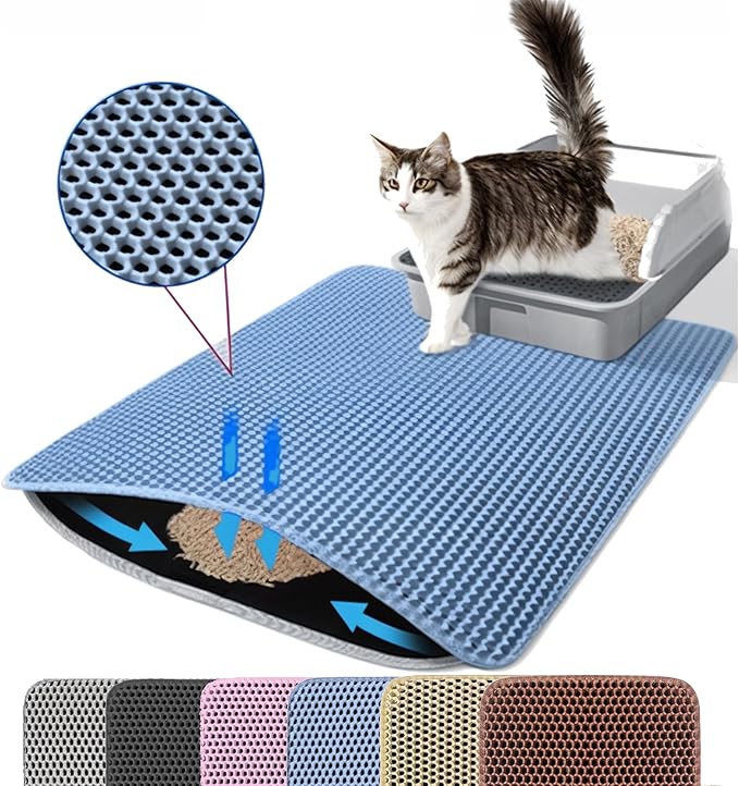 Extra Large Cat Litter Mat, Double Layer Honeycomb Design, Blue | 30x22”, Reduces Litter Tracking, Easy to Clean, Waterproof, Non-Slip, Soft on Paws, Scratch Resistant, Blue, XL