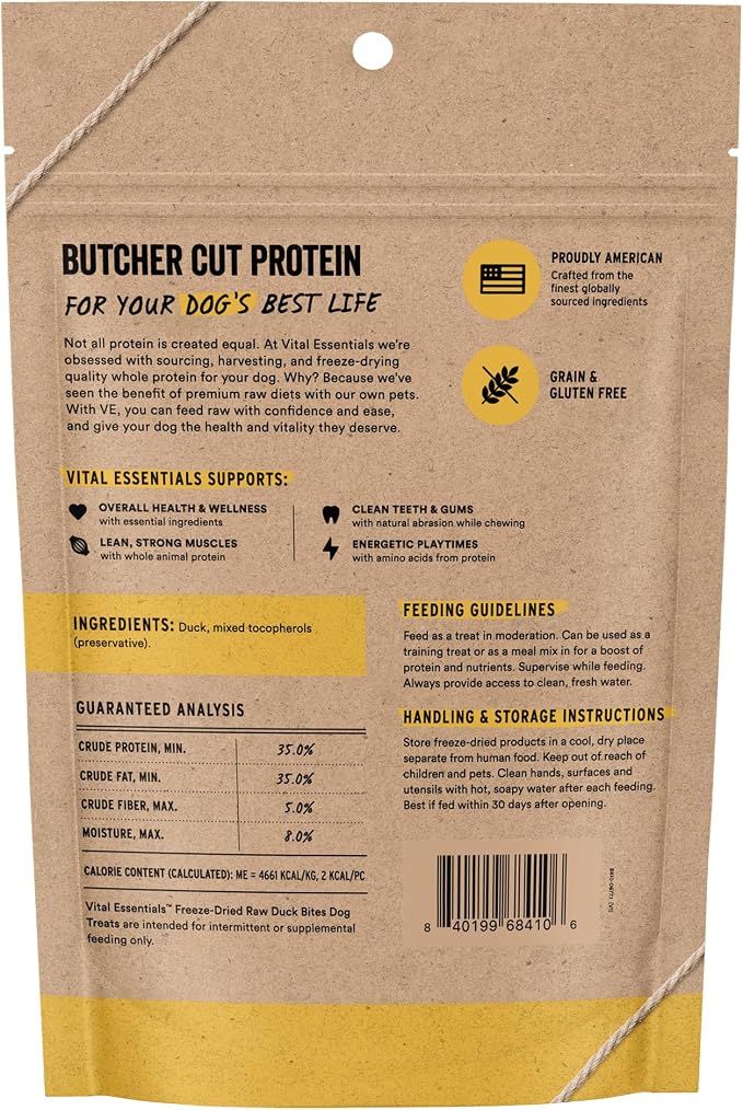 Vital Essentials Freeze Dried Dog Treats, Duck Bites, 5.5 oz Bag | Single Protein, Premium Quality, Grain-Free Training Treats