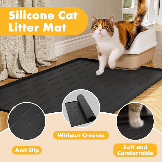 Pieviev Extra Large Silicone Litter Box Mat, Easy to Clean, 40'' x 28'' | Extra-Large Coverage Area Litter Mat, Soft on Kitty Paws, Grooves Reduce Waste, Raised Edges Trap Urine and Spills.