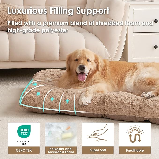 EHEYCIGA Washable Large Dog Bed for Crate 35x23 Inch, Kennel Pad for Dogs Up to 45 lbs, Plush and Comfy Pet Sleeping Mat, Camel