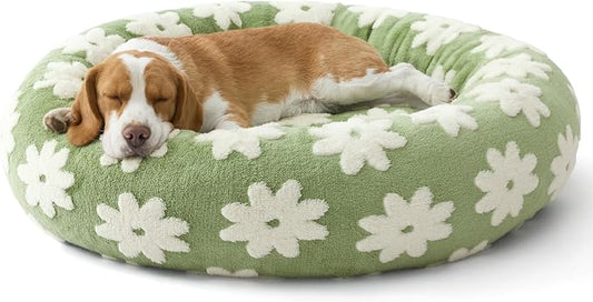 Lesure Shown on TV Donut Dog Beds Large Sized Dog - Round Pet Beds for Calming Puppy with Washable Cover, Orthopedic Modern Home Decor Bed with Jacquard Shaggy Plush & Anti Slip Bottom, 33 Inch,Green