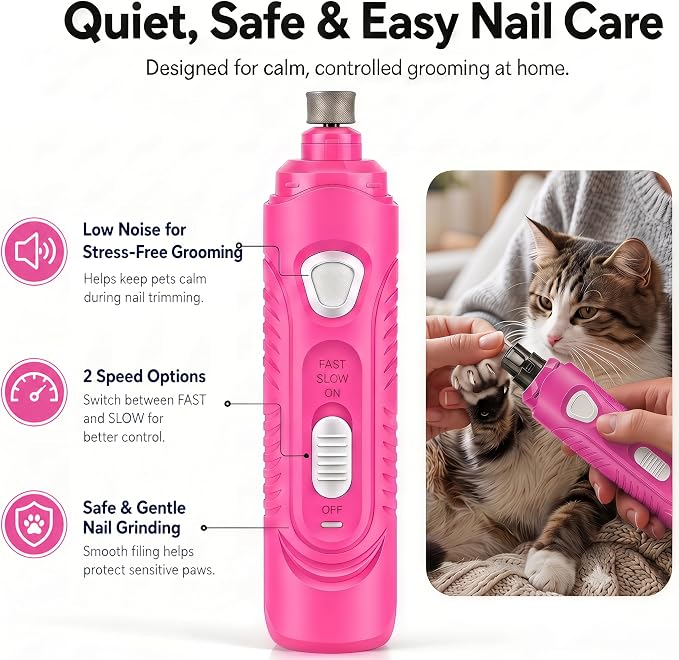 Pet Nail Grinder for Dogs and Cats, 2-Speed Electric Dog Nail Trimmer, Extral Steel Pet Nail Clipper, Rechargeable 2000mAh Nail Grinder for Small Medium Large Dogs with 2 LED Lights, Pink