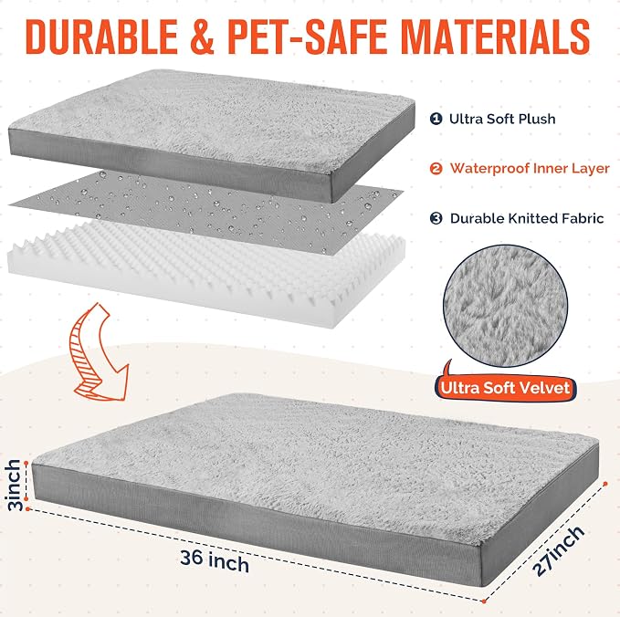 Simple Trending Orthopedic Dog Bed for Large Dogs with Removable Cover | Egg Crate Foam, Washable Pet Bed, Durable Oxford fabric, Non-Slip Bottom, Waterproof Plush Pet Bed Mat, 36 x 27 Inch, Gray