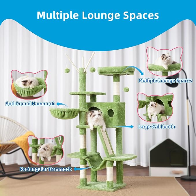 Hey-brother Cat Tree Tower with Padded Platform Bed, Hammock, MPJ019-SGR | 53 Inches Cat House with Large Cozy Condo, Toy Balls and Sisal Scratching Posts for Indoor Multi-Cats, Green