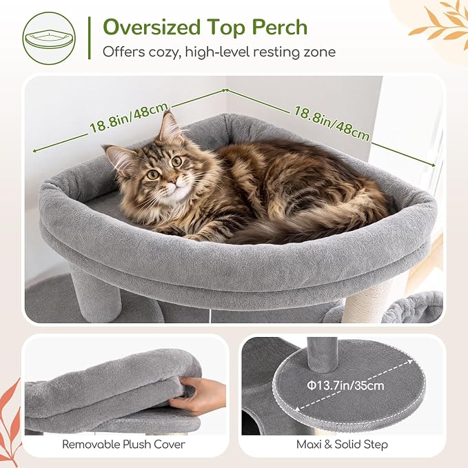 Globlazer 73in Corner Stable Cat Tree for Indoor Cats, C73, Light Grey | Space-Saving Multi-Level Climbing Tower, Large Fan-Shaped Condos & Top Perch, 8 Full-Sisal Posts & Board, Metal Baskets
