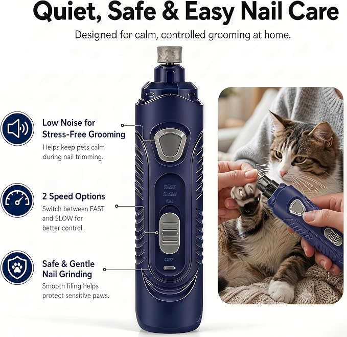 Pet Nail Grinder for Dogs and Cats, 2-Speed Electric Dog Nail Trimmer, Extral Steel Pet Nail Clipper, Rechargeable 2000mAh Nail Grinder for Small Medium Large Dogs with 2 LED Lights, Blue