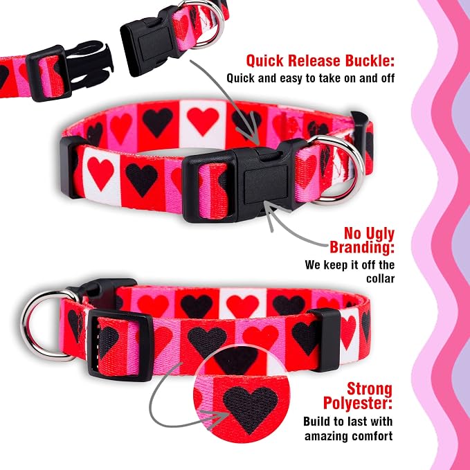 Native Pup Valentine’s Dog Collar- Valentines Day Pet Collars- Valentine Girly Hearts- Pink Red Heart- Cute Boy Girl Puppy Gift- Adjustable for Small, Medium, Large Breeds (Boxed Hearts, Medium)