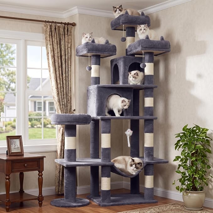Cat Tower, 71 Inch Heavy Duty Cat Tree for Large Cats | Tall Cat Tree Tower with Extended Base, 2 Condos, 3 Perches, 9 Sisal Posts & Hammock for Indoor Adult Cats, Dark Grey