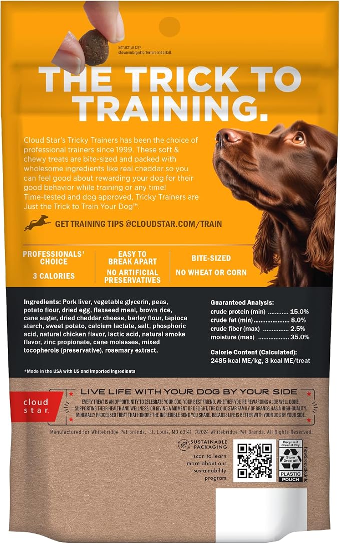 Cloud Star Tricky Trainers Soft Dog Treats, Cheddar, 5 oz, 130 Treats | For All Life Stages, Low Calorie Training Reward, Made with Cheddar Cheese, No Wheat or Corn, Free of Artificial Flavors