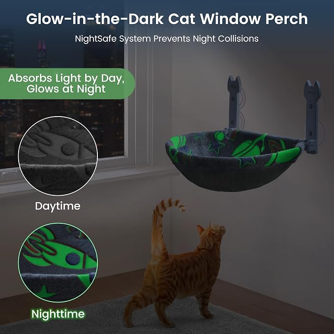 HiPetpy 1 Pack Cat Window Perch, Glow in The Dark Foldable Cat Hammock with Sunken Design & Removable Soft Cover, Breathable Cordless Window Bed for Resting Indoor Kitten (Grey Deep Perch, 1 Pack - M)