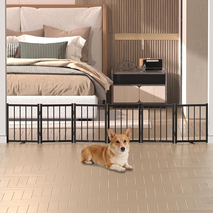 Snuowu 16" Freestanding Short Dog Gate for Small Dogs – Foldable & Retractable, Expands Up to 72" Wide, 6-Panel Pet Barrier for Doorways, Stairs & Hallways (Black)