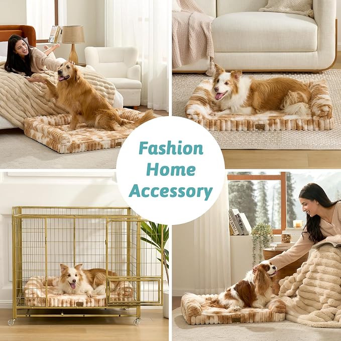 COZY KISS Ultra Soft Faux Rabbit Fur Dog Bed for Extra Large Dogs – 48"x35" Orthopedic Foam Couch, Removable Washable Cover & Waterproof Lining, Tie-Dye Brown
