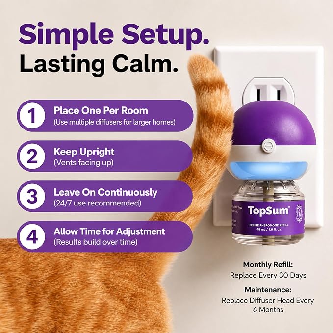 TopSum Cat Calming Pheromone Diffuser: Feline Pheromones Plug in for Stress, Alone At Home, Spraying, Fighting, Scratching, Aggression & Excessive Meowing (Purple– 6 Refills)