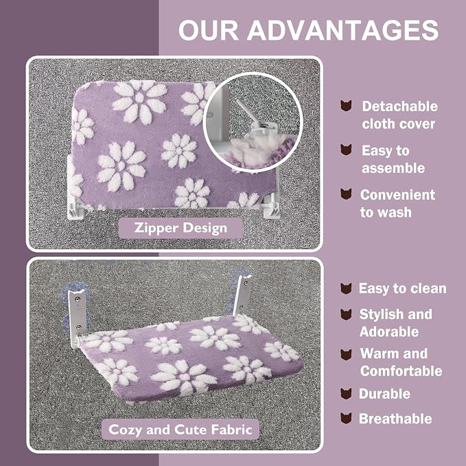 Cute Cat Window Perch, Foldable Cat Window Hammock, Purple | Cordless Window Seat Bed for Indoor Cats, 3D Textured Flower Cover, Strong Suction Cups