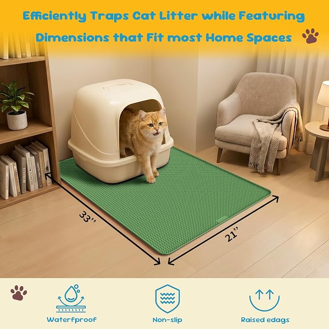 Cat Litter Mat, (33" X 21") Silicone Litter Trapping Mat - Waterproof/Urine Proof, Litter Box Mat - Keep the Floor Clean Green
