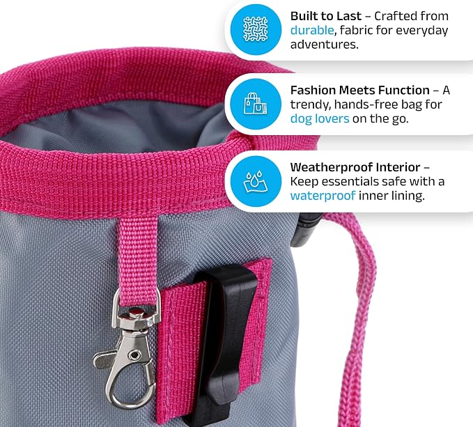 DOOG Clip On Dog Treat Pouch (Small) - Compact Hands-Free Puppy Training Reward Bag with Secure Waist Clip, Pull-String Closure & Washable Inner Lining - Grey/Pink