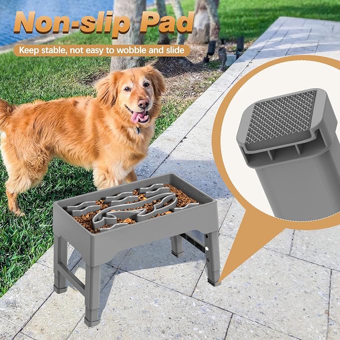 9 Cups Elevated Slow Feeder Dog Bowls 4 Adjustable Heights, Grey | Raised Dog Slow Feeder Bowls, Dog Food Bowl Stand, Non Slip Anti Gulping Slow Eating Dog Bowl for Medium & Large Dogs