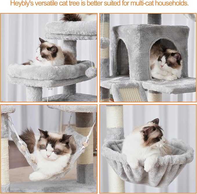 Heybly Cat Tree, 71-Inch-Tall Tower for Indoor Cats with 2 Perches HCT034W | Large Cat Furniture with 2 Big Condos, 2 Hammocks, Basket, Scratching Pad, Multi-Level Cat Condo, Light Gray