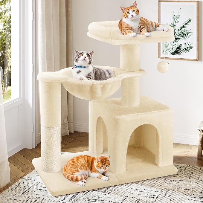 Allewie 29.5in Indoor Cat Tree, Multi-Level Cat Tower with Sisal Scratching Posts, Padded Perch, Basket, Condo, and Hanging Ball, Suitable for Kittens and Adult Felines,Beige