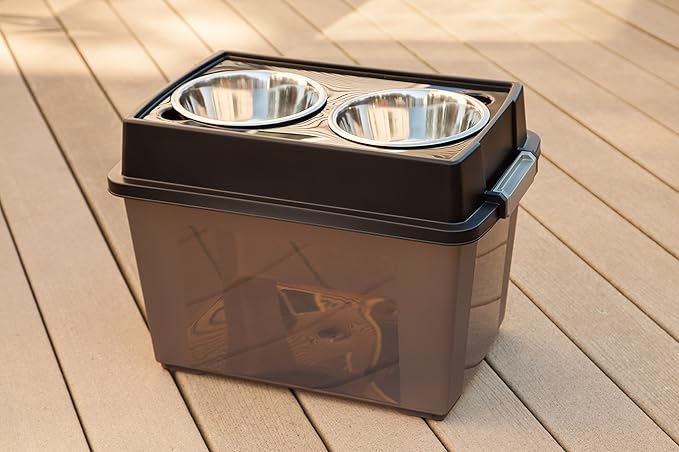 IRIS USA 2-in-1 Elevated Dog Bowls 6" H with Airtight Pet Food Storage Container Holds Up to 47 Lbs, Removable 4 Thick 16 oz Stainless Steel Bowls, at Home or Camping Pet Dish Bowl Set, Smoke/Black
