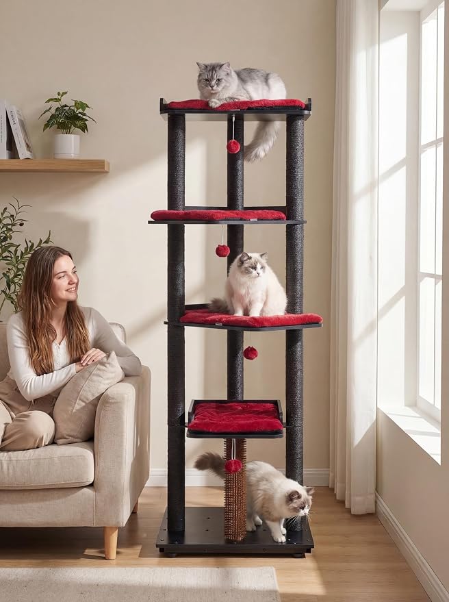 Heavy Duty Cat Tree, 67.7" Cat Tree for Indoor Cats Large Adult, Modern Cat Tower for Large Cats, Cat Tower with Scratching Post, Large Perch and Removable Pads,Black & Red