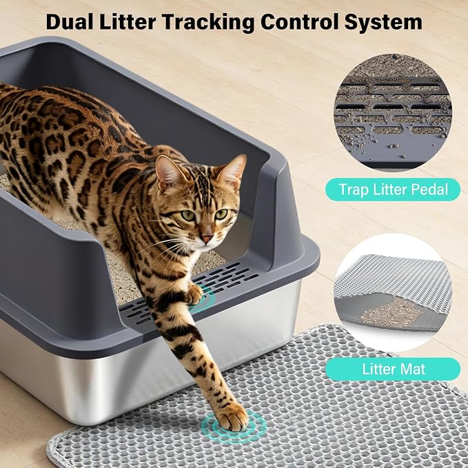 Stainless Steel Litter Box, XL Metal Litter Box with High Sides Lid, Extra Large Cat Litter Boxes for Big Cats, Anti-Urine Leakage, Never Absorbs Odors, Easy Cleaning, Non-Stick, Include Scoop and Mat