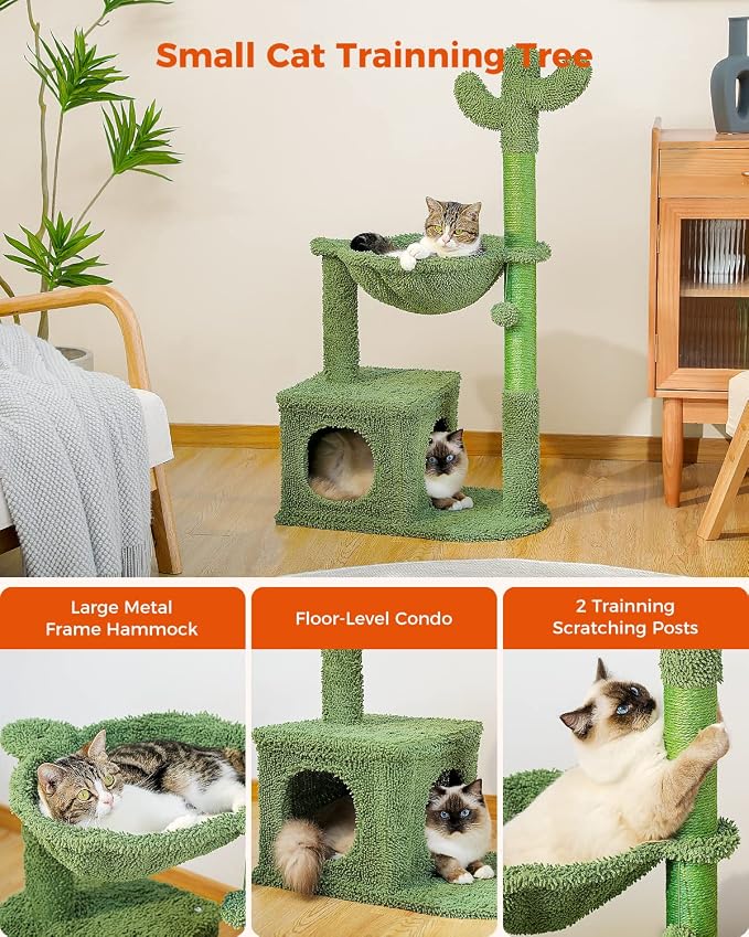 PEQULTI Cactus Cat Tree Cat Condo with Big Metal Frame Hammock, Cat Scratching Post for Indoor Cats with Cat Condo Natual Sisal Rope and Cat Toy Dangling Sisal Ball, Green