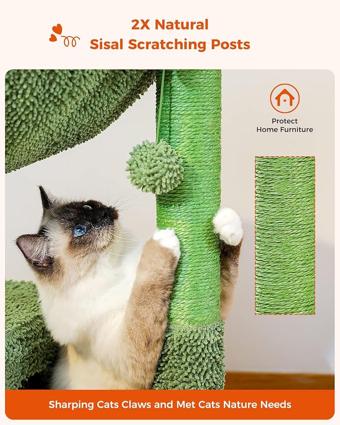 PEQULTI Cactus Cat Tree Cat Condo with Big Metal Frame Hammock, Cat Scratching Post for Indoor Cats with Cat Condo Natual Sisal Rope and Cat Toy Dangling Sisal Ball, Green